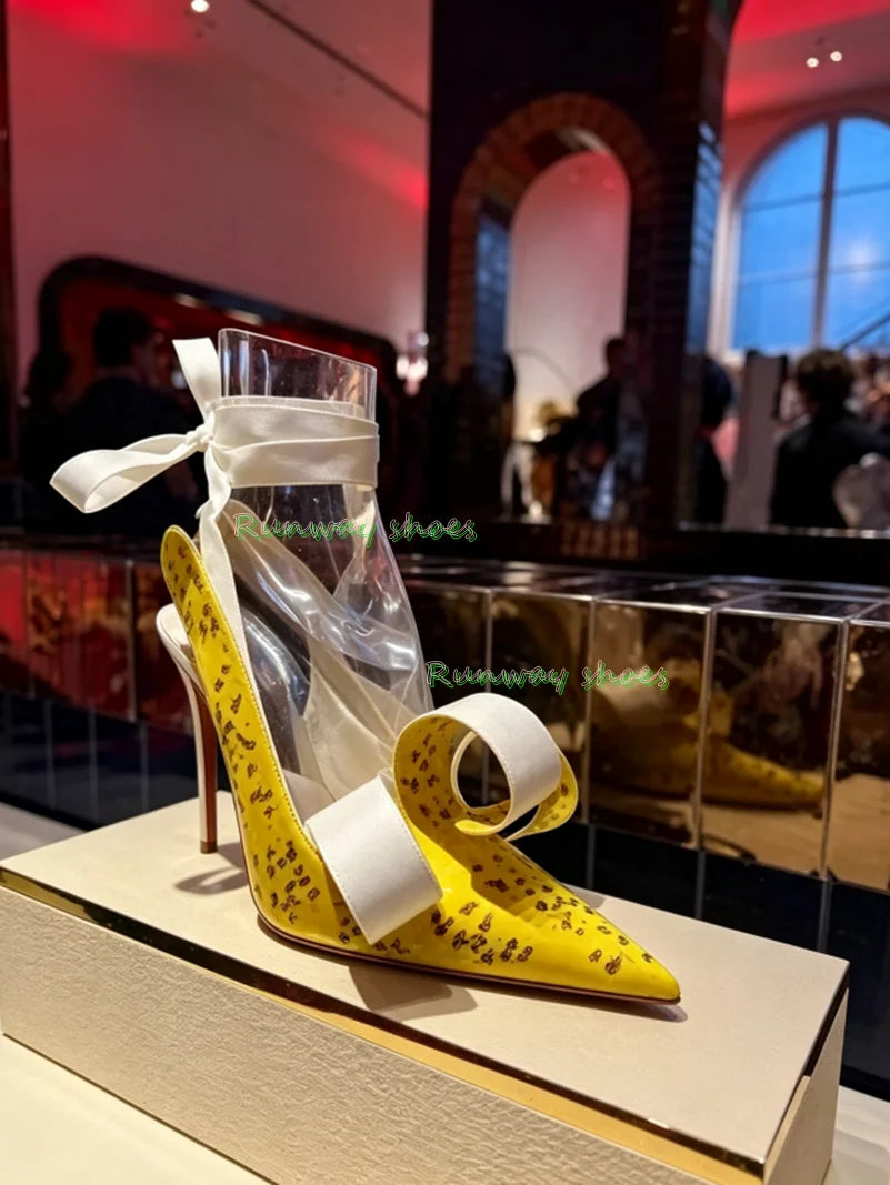 Bright Yellow Silk Pointed Stiletto Heels With Ankle Strap For Women
