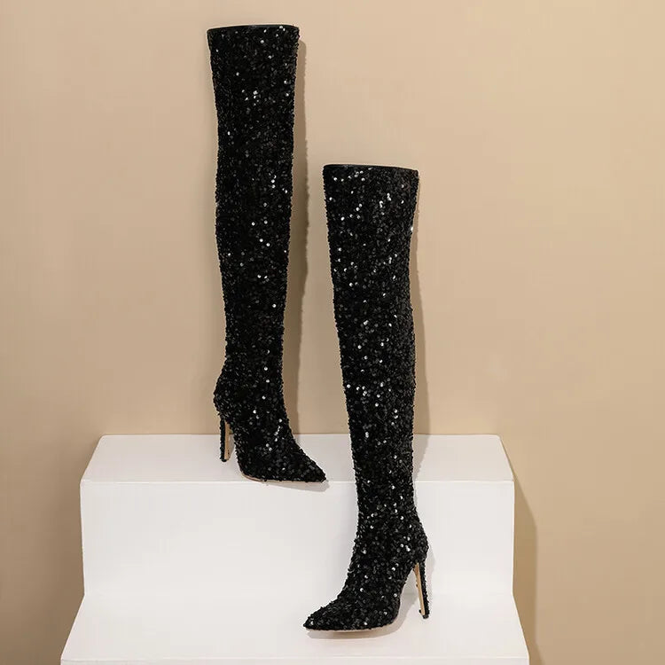 Sequin Pointed Toe Over The Knee Stiletto Boots For Women With Rear Zipper