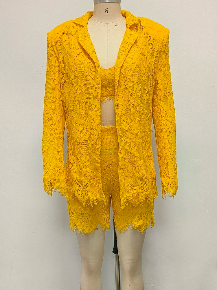 Women's Casual Chic Hollow Out Luxury High-Quality Lace Long Sleeve Suit Jacket High Waist Shorts Three Pieces Set Evening Party