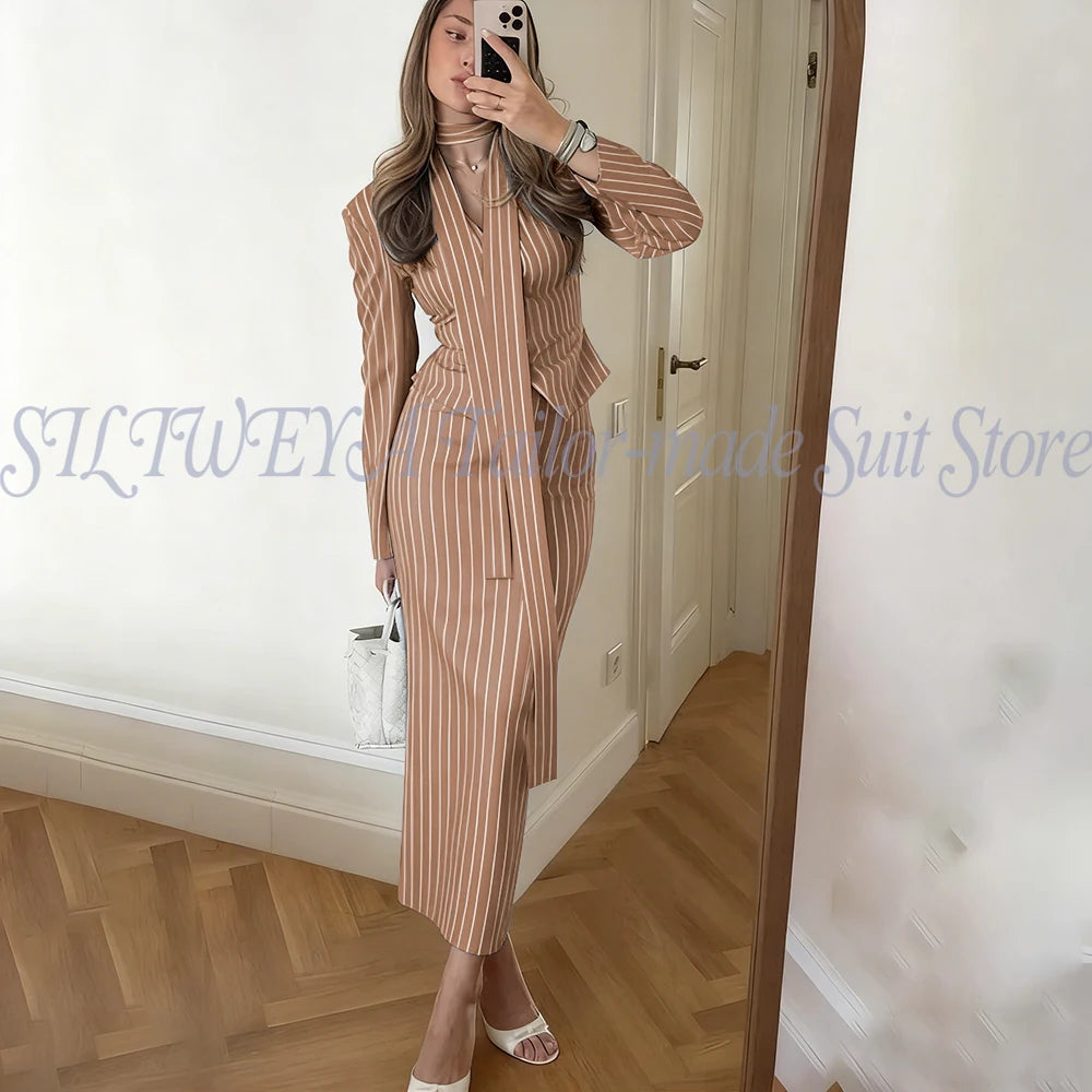Single Breasted Blue Striped Blazer Skirt Set for Women