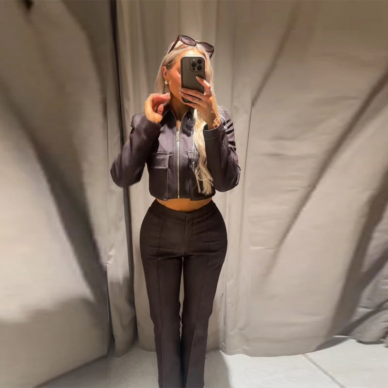 Vintage Turn Down Collar Denim Coat And Pants Set for Women