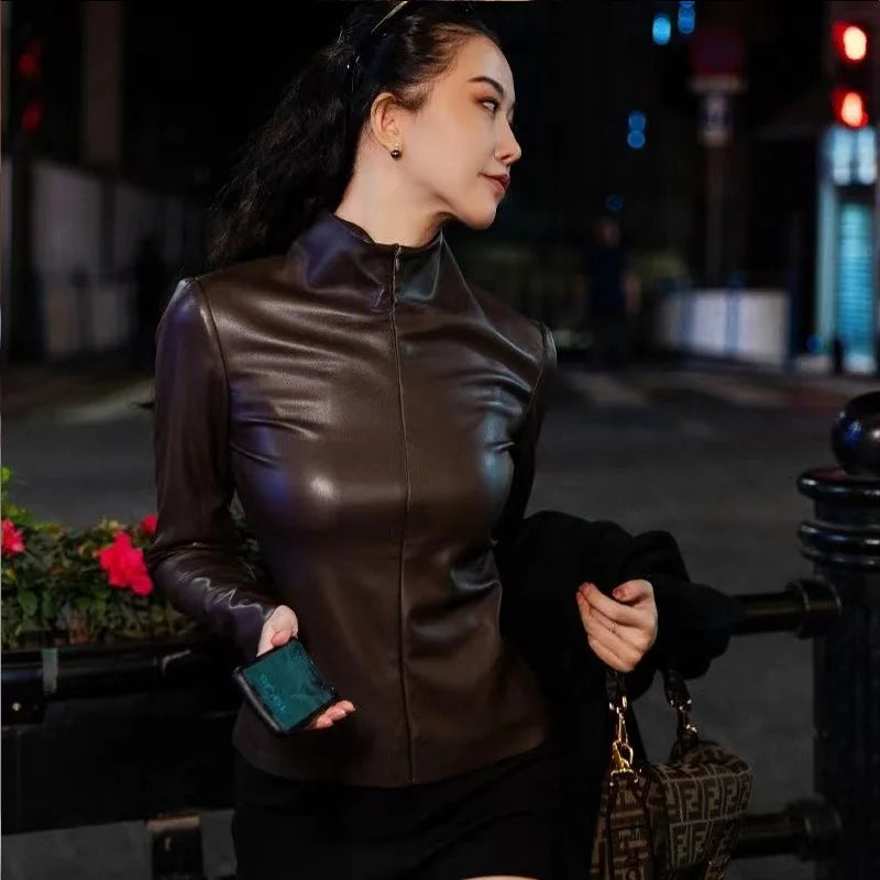 Slim Fit Faux Patent Leather Turtleneck Top for Women