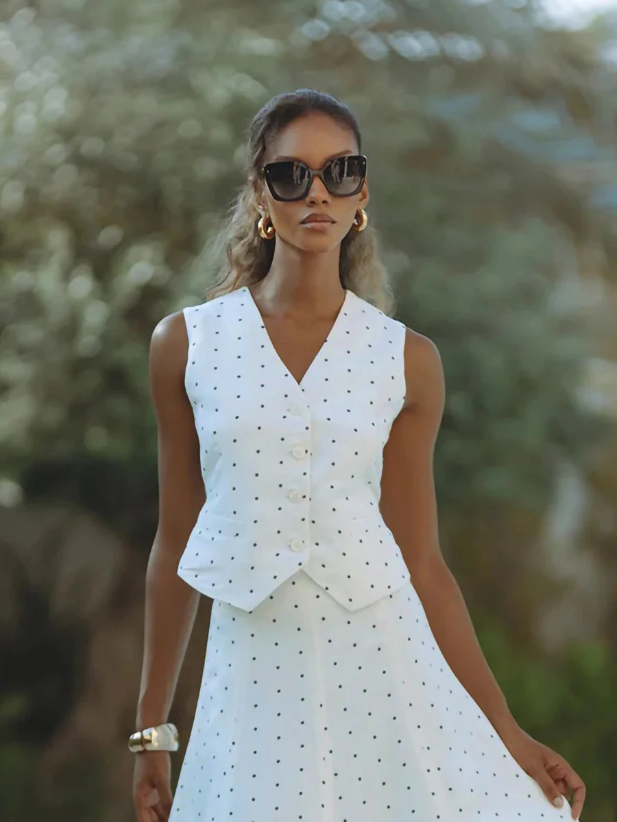 Elegant Polka Dot V Neck Sleeveless Two Piece Set For Women
