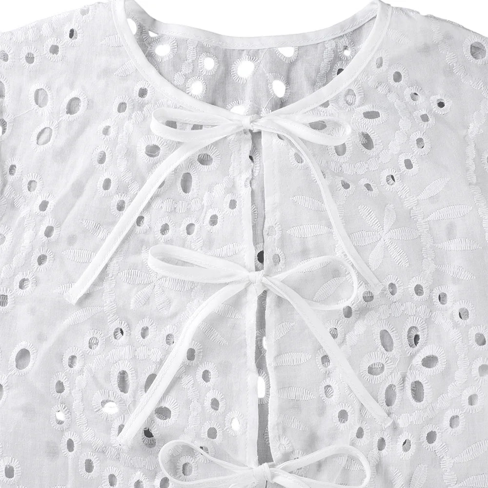 Women's Solid Boho Hollow Out Lace Up Lantern Sleeve Ruffle Blouse Autumn Ladies Casual Loose Holiday Vacation Tops Size S-2XL