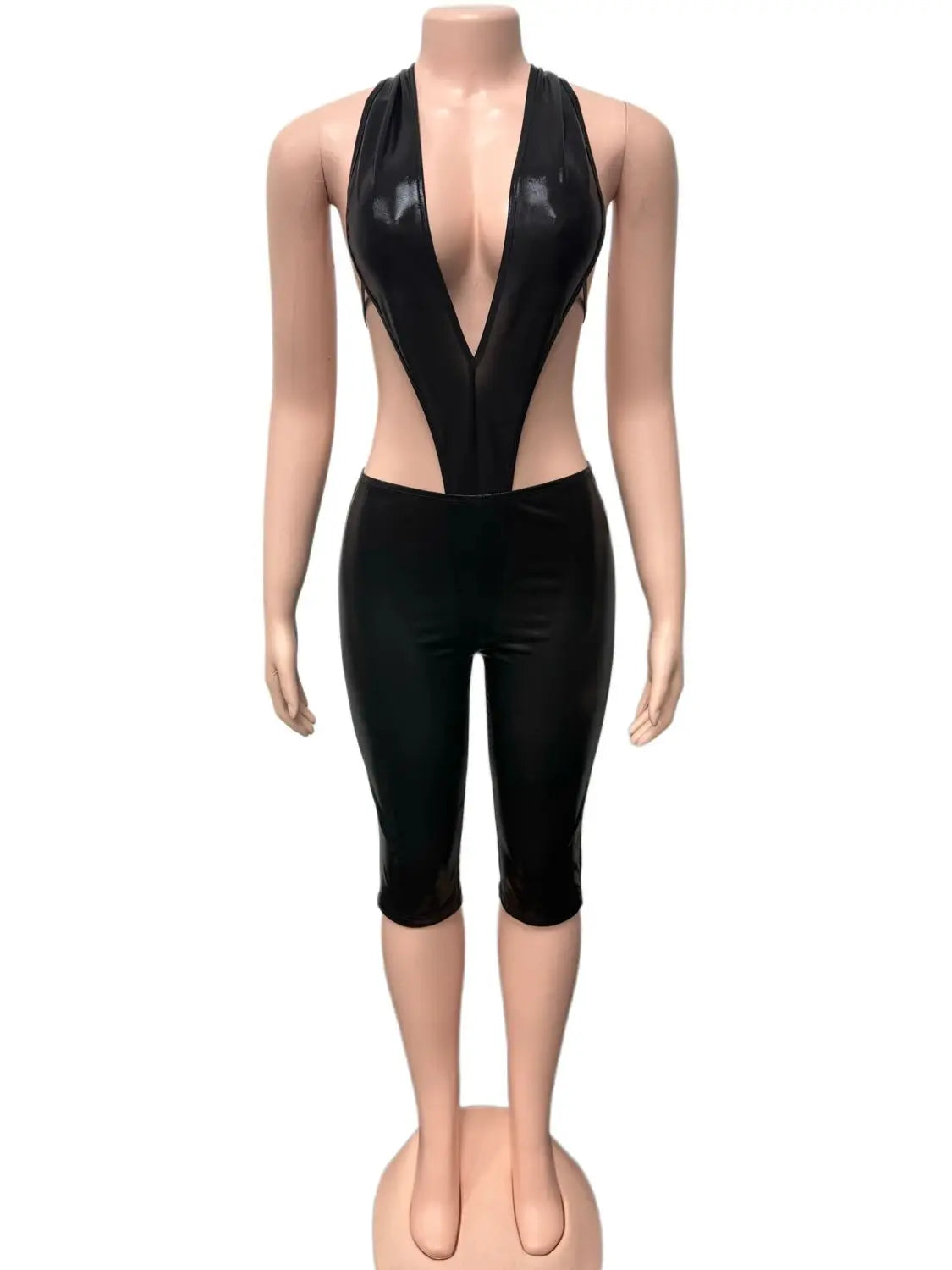 Weird Puss Sexy Women 2 Piece Set Halter Silky Hollow Sexy Backless Sleeveless Bodysuit+Bike Shorts Midnight Matching Clubwear