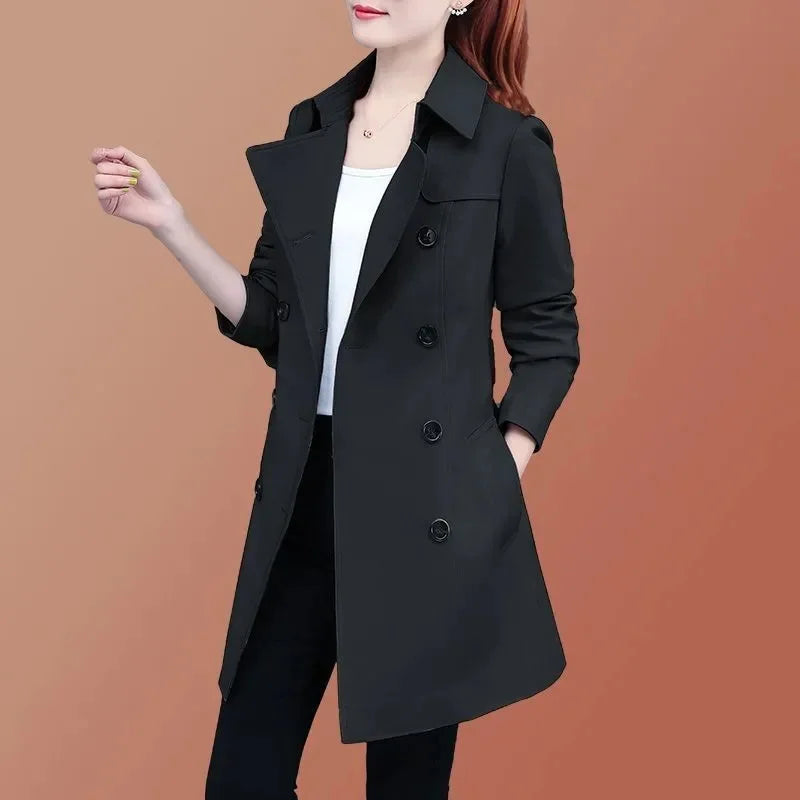 2025 New Trench Coat Midi Length Fashion Korean Elegant Khaki Black Loose Women's Windbreaker Coat Casual Double Breasted Tops