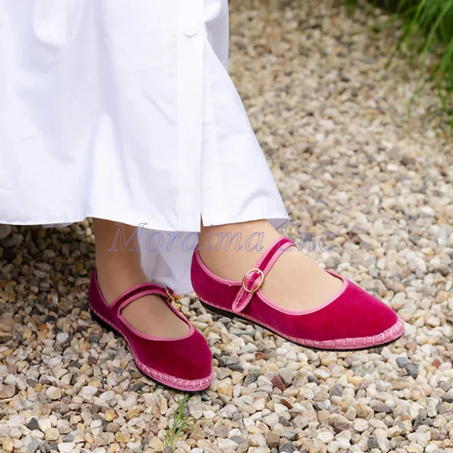 Round Toe Grey Velvet Mary Jane Ballet Flats for Women