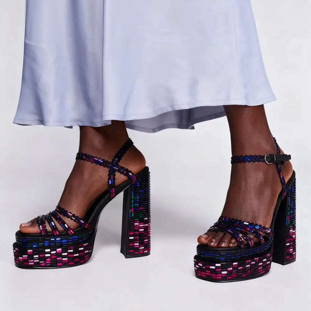 Black Crystal Chunky Platform Sandals
