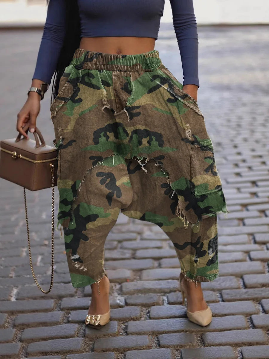 Drawstring Tie Dye Camouflage Ripped Harem Pants for Women