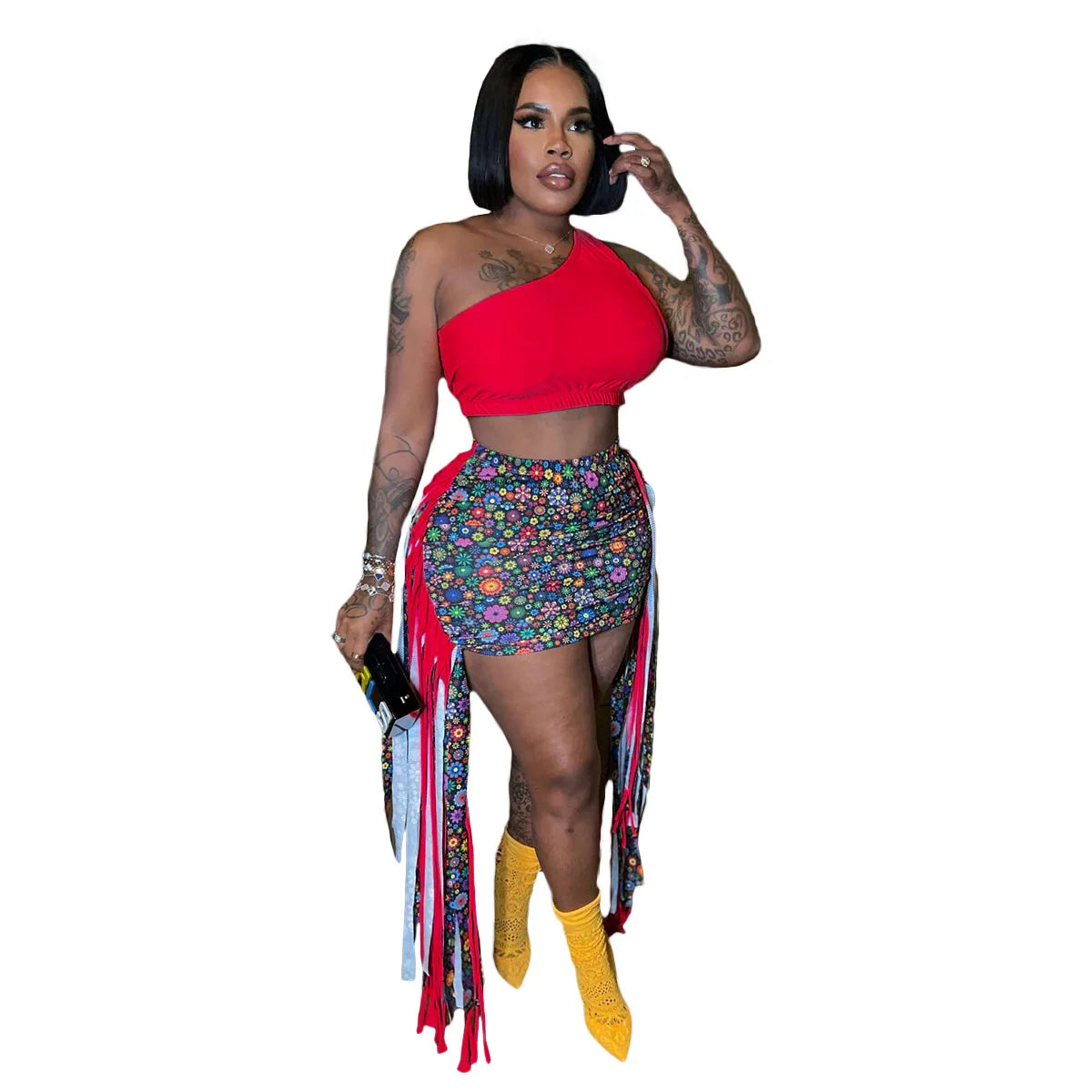 FAGADOER Summer Print Tassels Mini Skirts Two Piece Sets Women One Shoulder Sleeveless Crop Top+Skirts Outfits Fashion Clothing