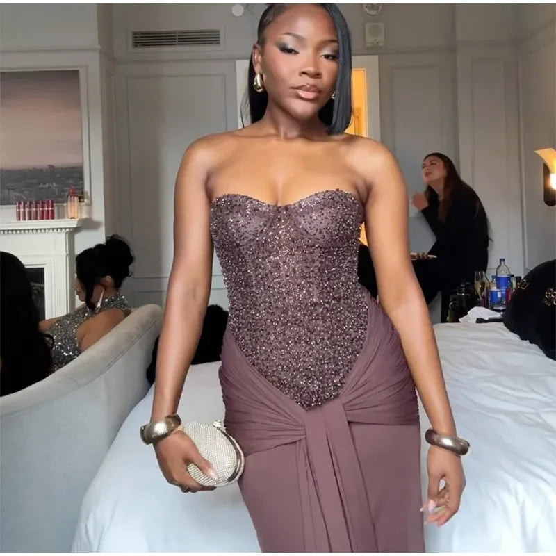 Solid Sexy Strapless Sequin Patchwork Dress Women Sleeveless Backless Cinched-waist Pleated Maxi Dresses Lady Party Evening Gown