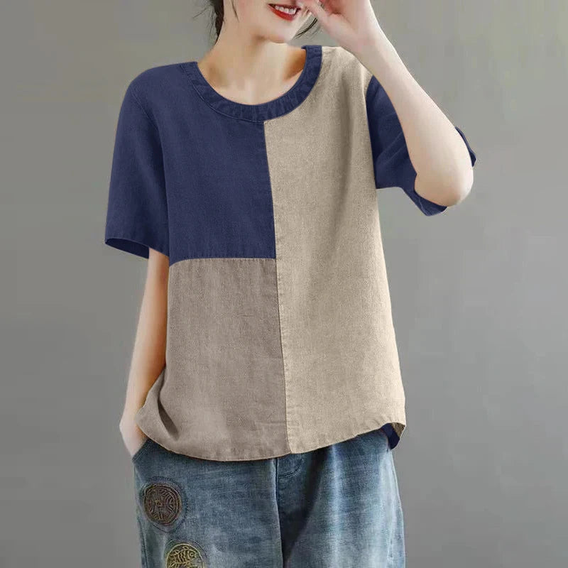 ZANZEA Women Patchwork Blouse 2024 Summer Short Sleeve Tunics Fashion Round Neck Shirts Casual Loose Holiday Cotton Linen Tops
