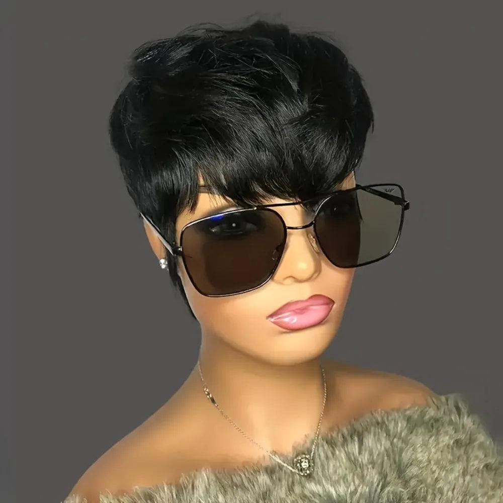Natural Short Layered Straight Human Hair Wig for Women
