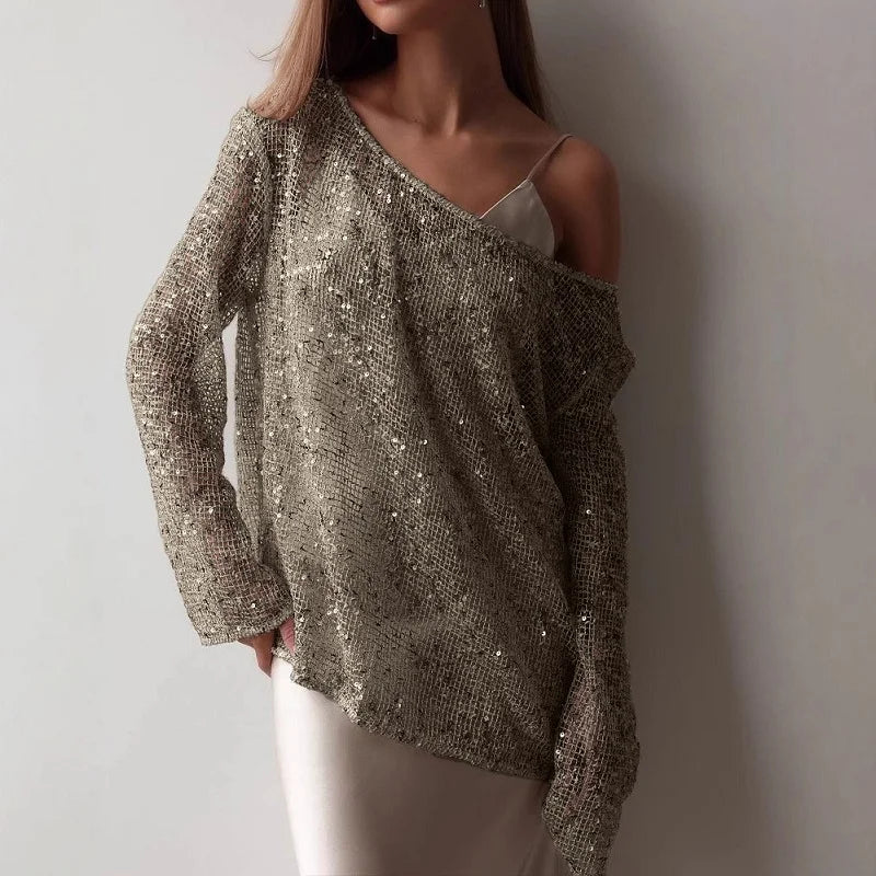 Elegant Sequined Long Sleeve Pullover Blouse for Women