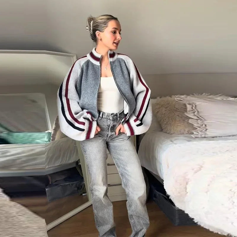 Printed Striped Knitted Baseball Cardigan for Women