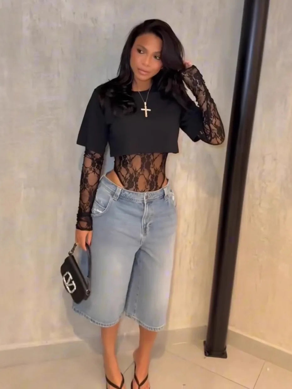 Weird Puss Sexy Women Crop Top+Lace Jacquard Full Sleeve Bodysuit Hottie Street Clubwear Slim Wild Matching Basic Skinny Tees