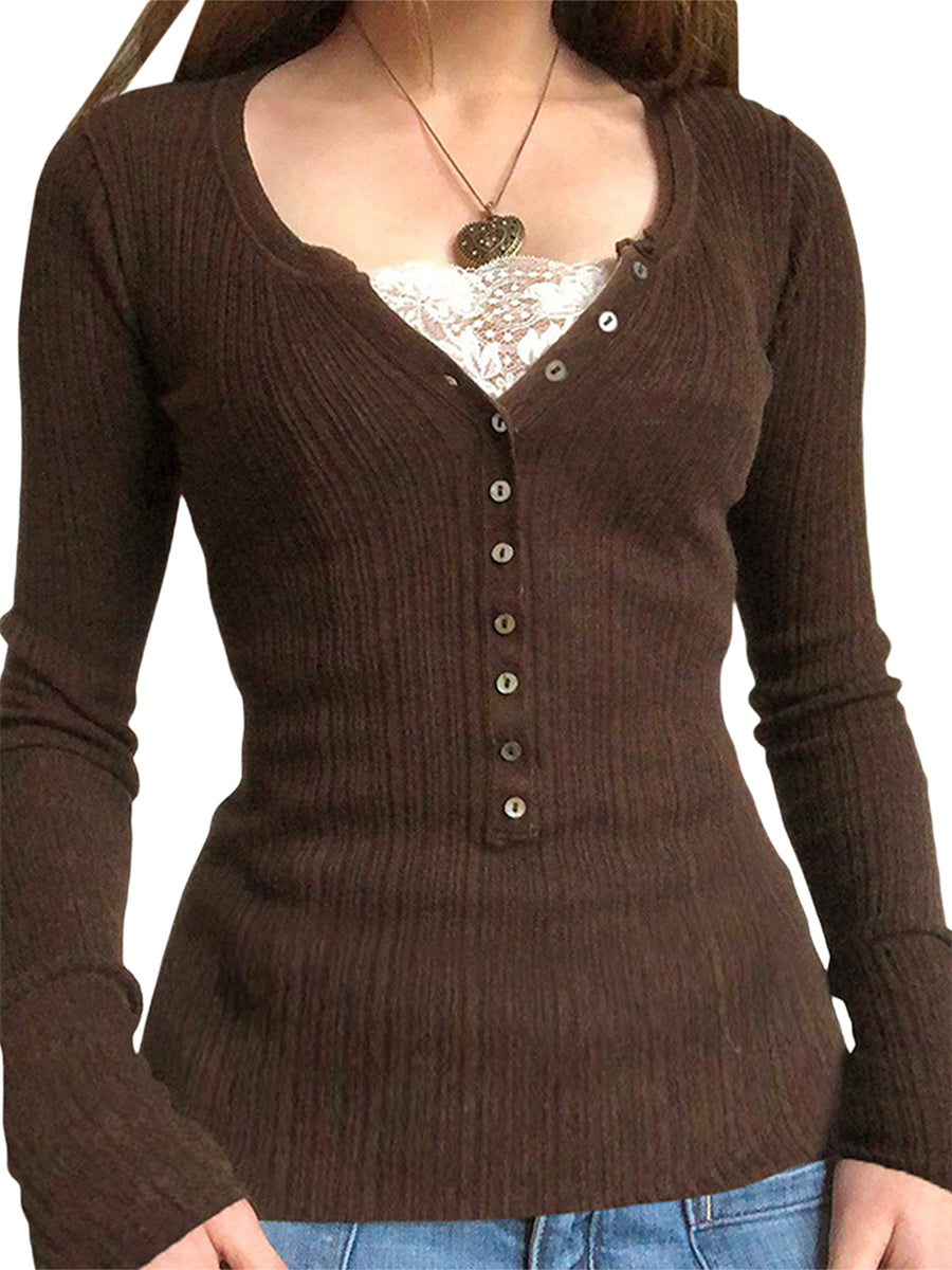 Button Front Lace Patchwork Slim Fit Knit Top for Women