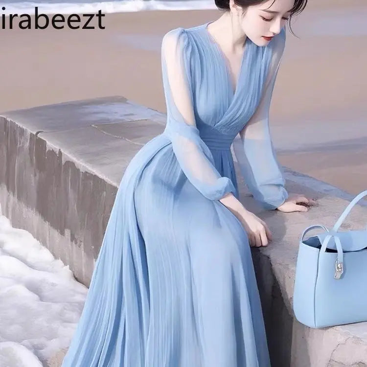 Elegant Blue Chiffon Ankle Length Flowing Dress For Women