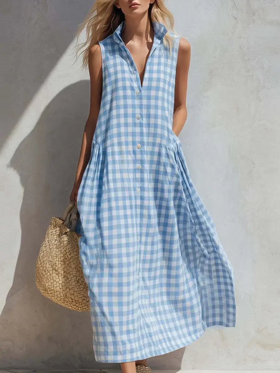 Loose Plaid Sleeveless Single Breasted Maxi Dress for Women