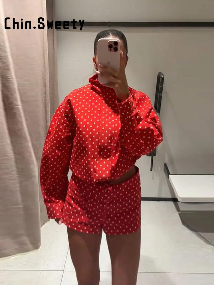Polka Dot Stand Collar Jacket And High Waist Shorts For Women