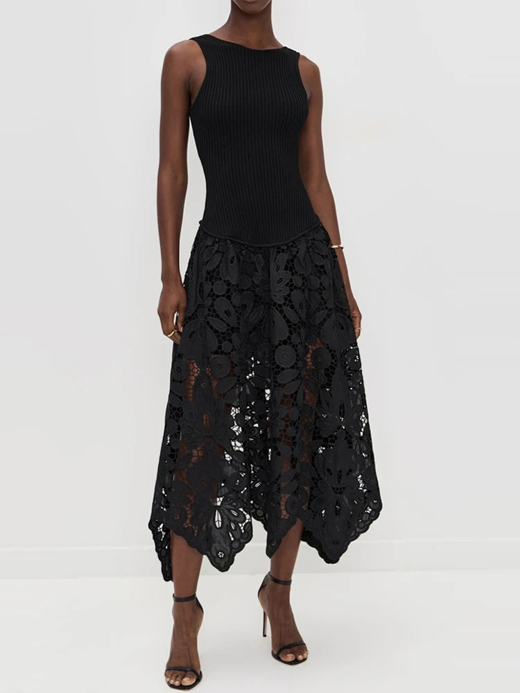 Black Patchwork O-Neck Sleeveless Party Dress for Women