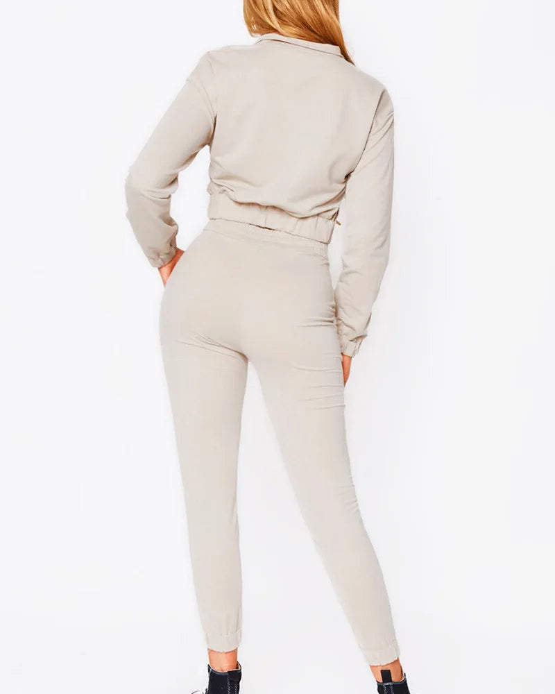 Zipper Long Sleeve Top And Drawstring Pants Set for Women
