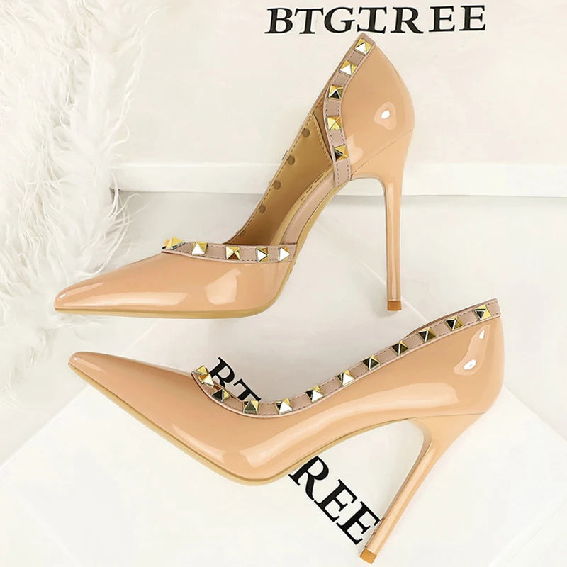 Rivet Detail Patent Leather High Heel Pumps for Women
