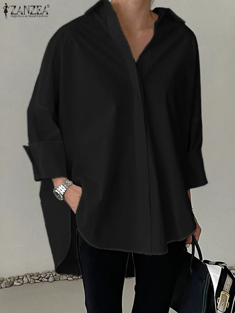 Oversized White Long Sleeve Button Up Blouse for Women