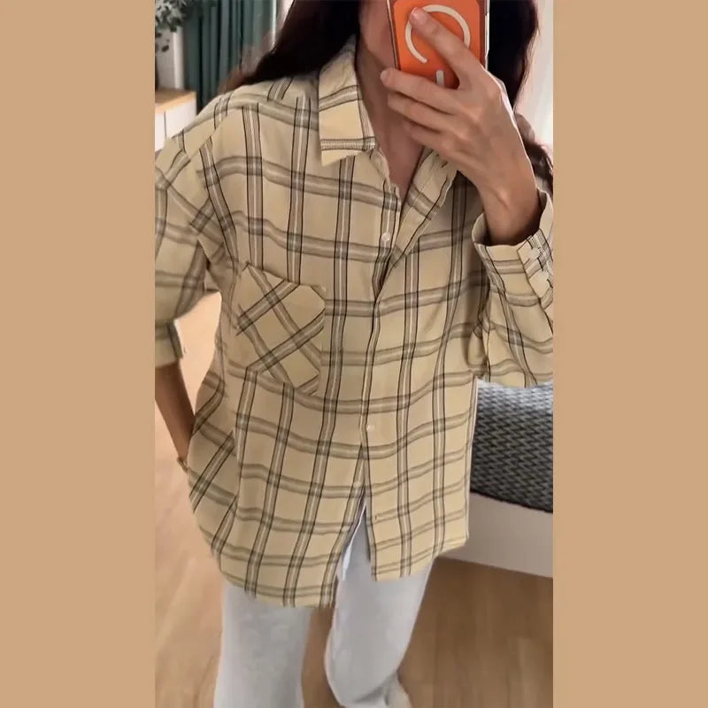 Plaid Loose Long Sleeve Button-Front Shirt for Women