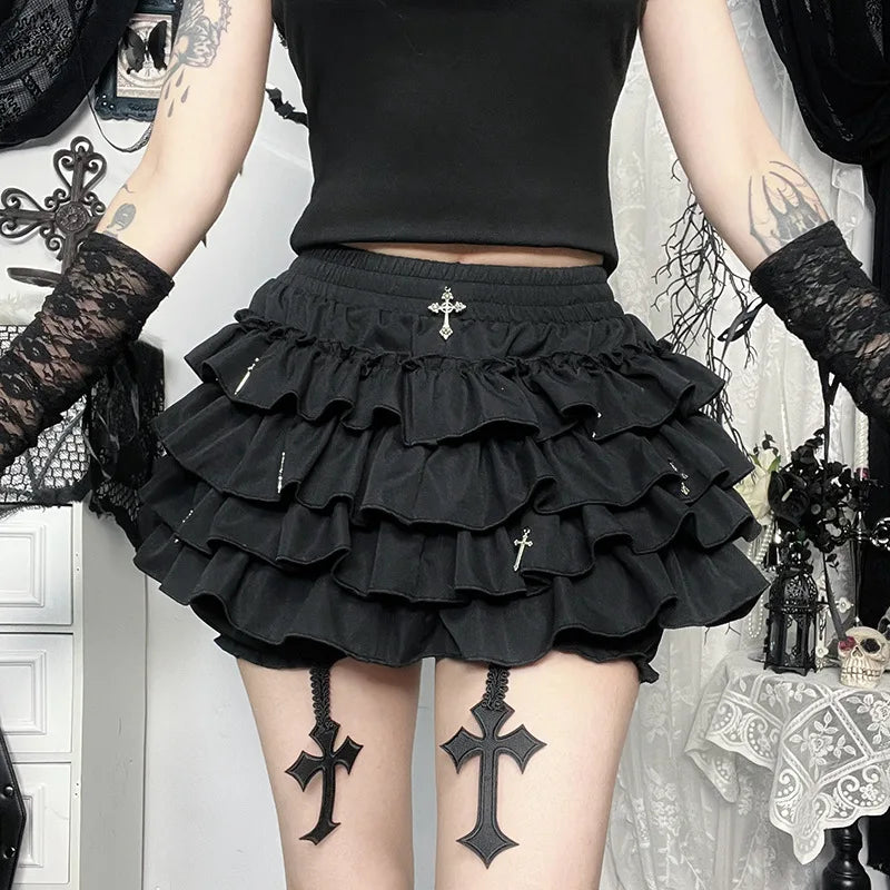 FAGADOER Punk Gothic Sexy Fur Leather Patchwork 2 Pieces Set for Woman Sleeveless Backless Tops and Bubble Puff Skirt Streetwear