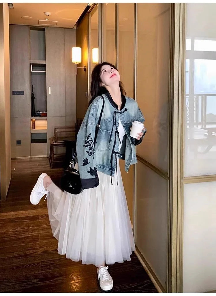 Plus Size Embroidered Denim Jacket