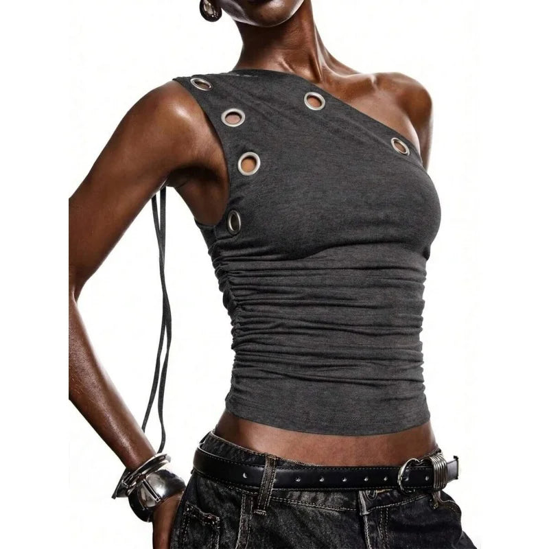 One Shoulder Crop Top with Metal Eyelets for Women