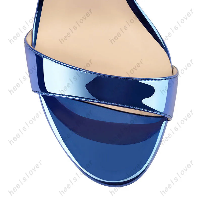 Glossy Blue Open Toe Platform Stiletto Sandals For Women