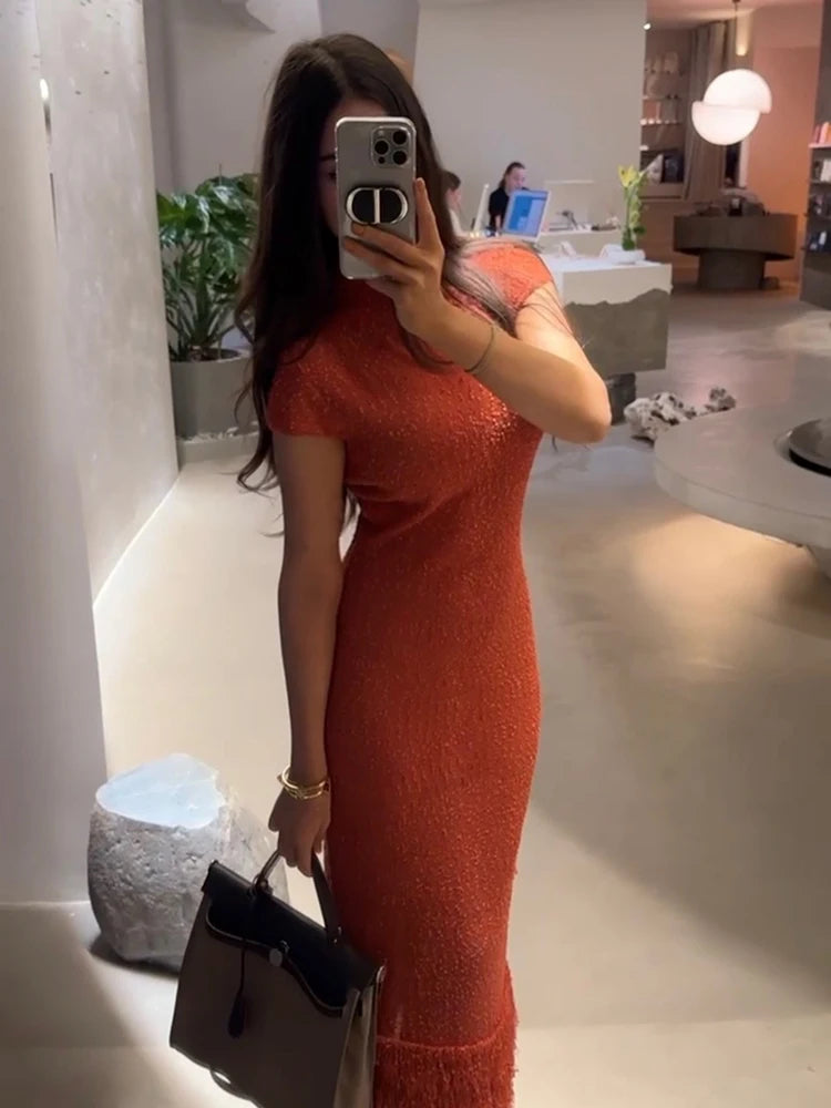Sequin Knit Short Sleeve Tassel Midi Party Dress for Women