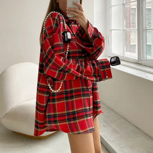 FSMG-Versatile Plaid Shirt For Women, Red Bright Grid, Oversized Blouse, Leisure And Fashionable Top, Spring And Autumn Seasons