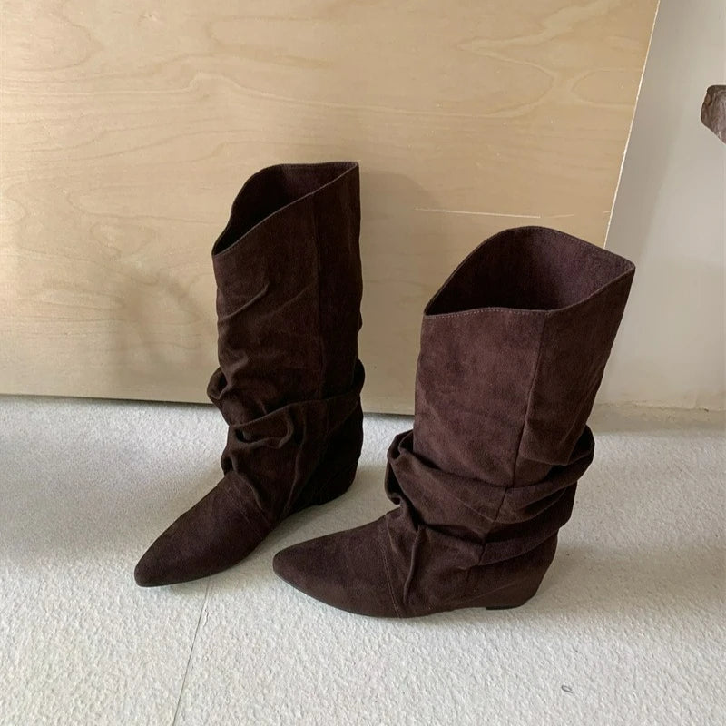 Pleated Pointed Toe Mid Calf Western Boots for Women