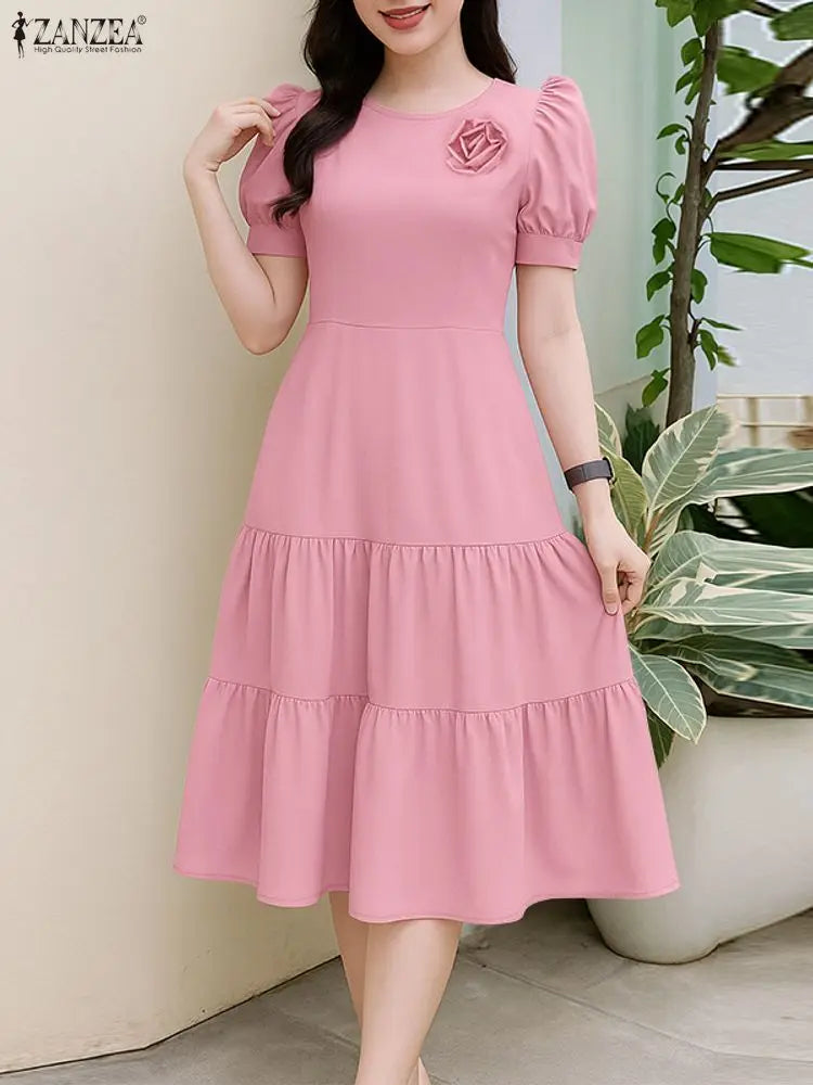 Tiered Puff Sleeve Midi Dress