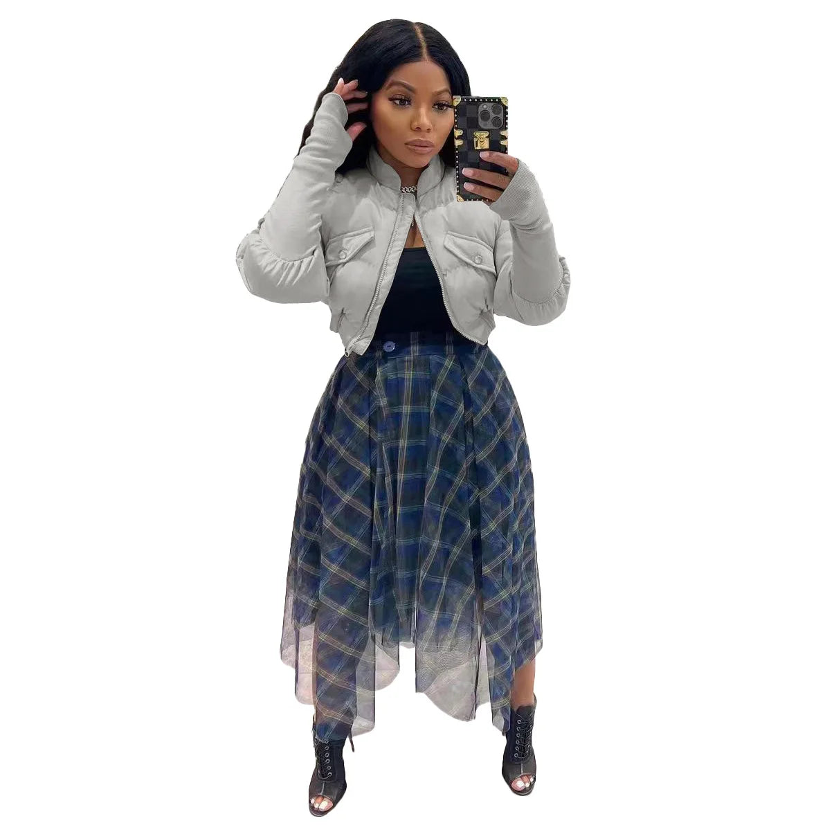 Warm Stand Collar Zippered Short Parka Jacket for Women
