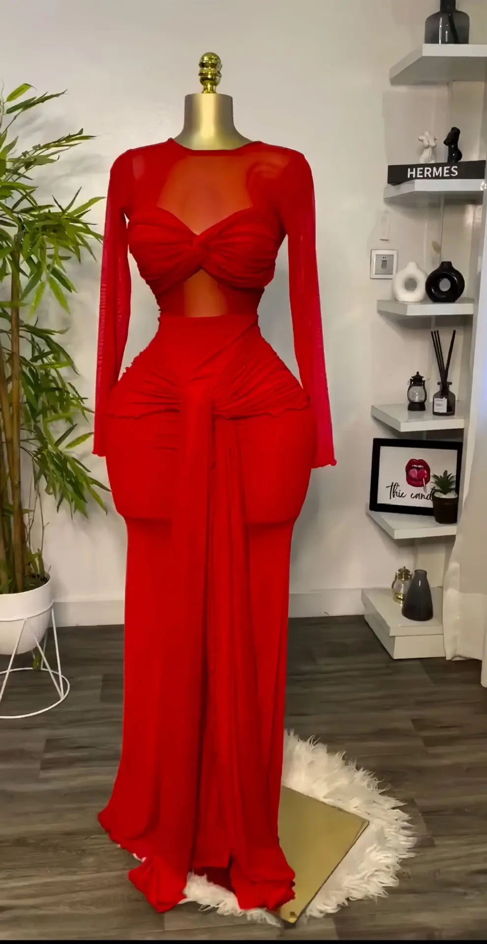 Elegant Hollow Out Mesh Long Sleeve Maxi Dress for Women