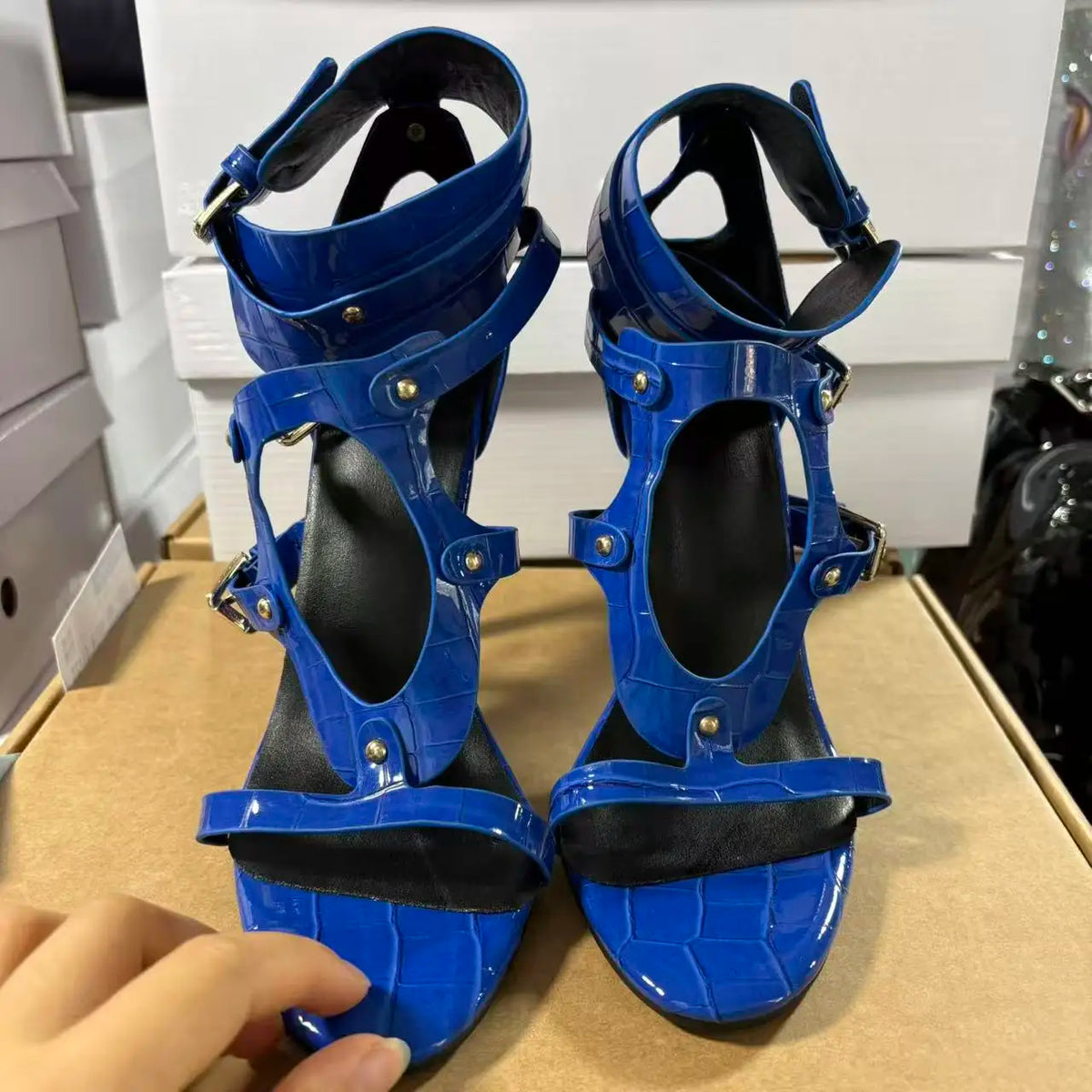 Blue Alligator Print Cutout High Heel Sandals With Buckle Strap For Women