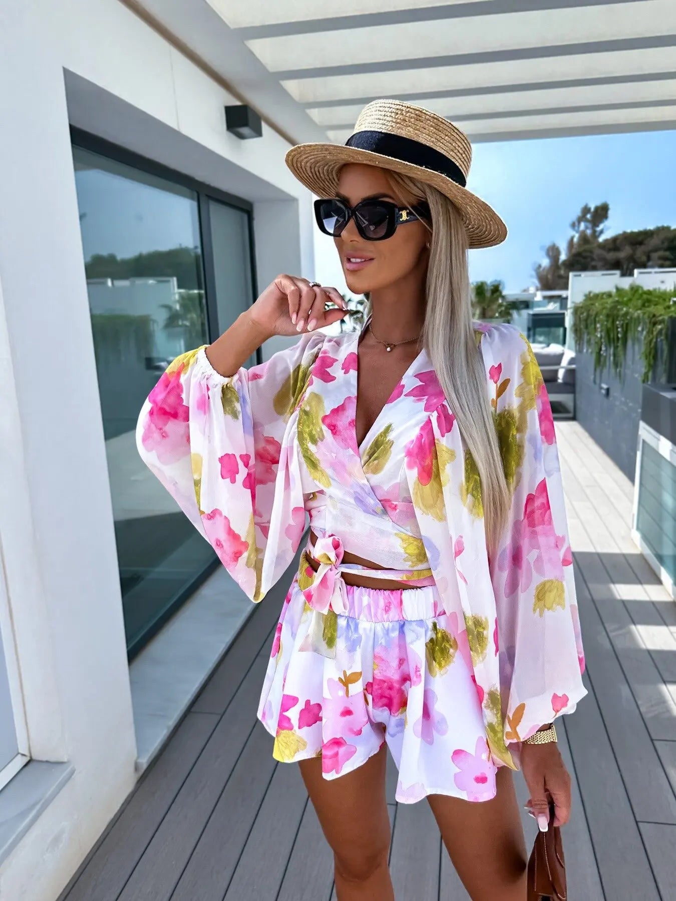 Lace-Up Lantern Sleeve Deep-V-Neck Chiffon Two-Piece Set for Women