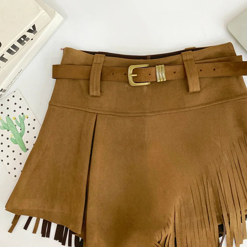 Tassel Detail Faux Suede Shorts