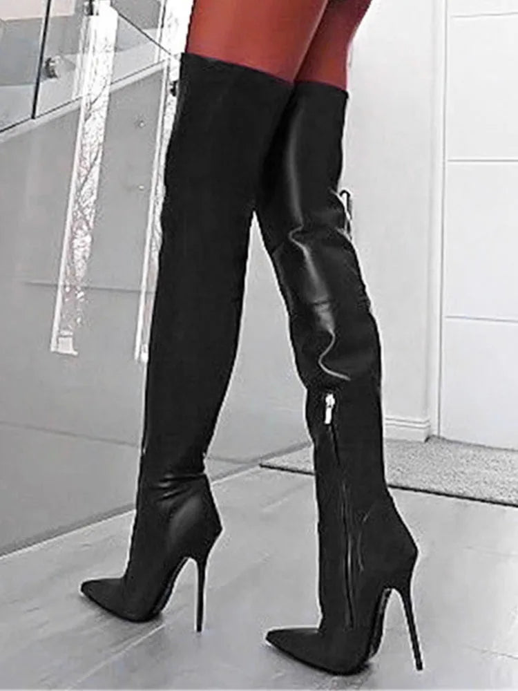 Purple Pointed Toe Stiletto Zipper Over The Knee Leather Boots For Women