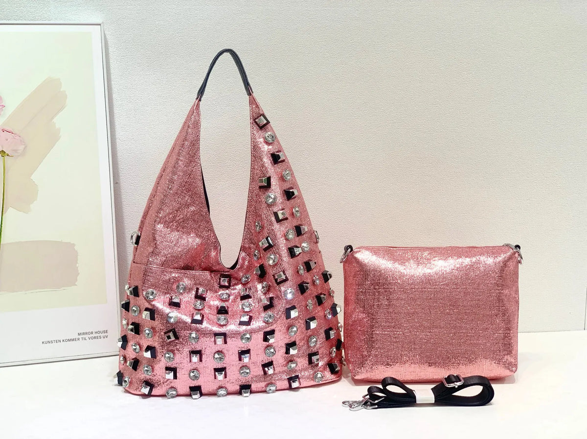 New Women's Diamond Handbag Luxury Brand Fashion Diamond Women's Shoulder Bag Large Capacity Shiny 2-piece Set Women's Bag