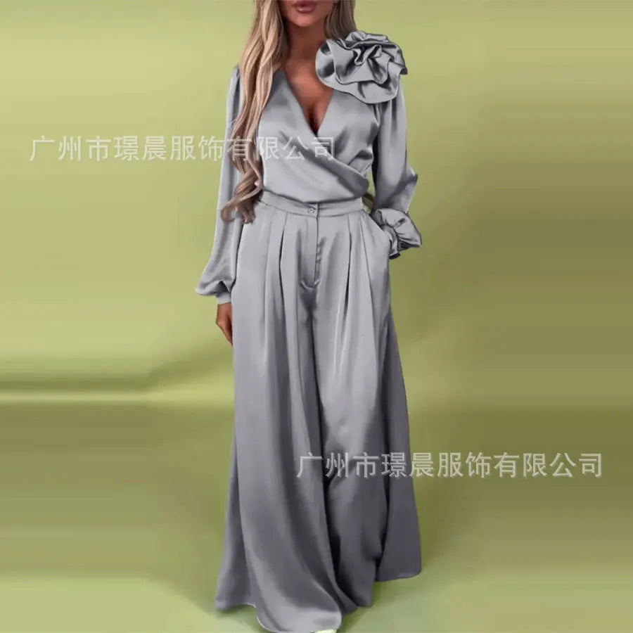 Pant Set Women Two Piece Sets V Neck Matching Sets Floral Slim Fit Tops Wide Leg Long Pants High Waist Y2k Elegant Retro 2025