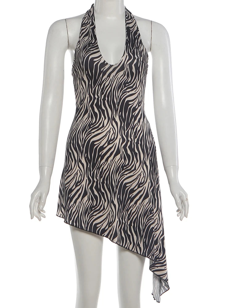 Zebra Striped Bandage Halter Backless Mini Bodycon Dress for Women