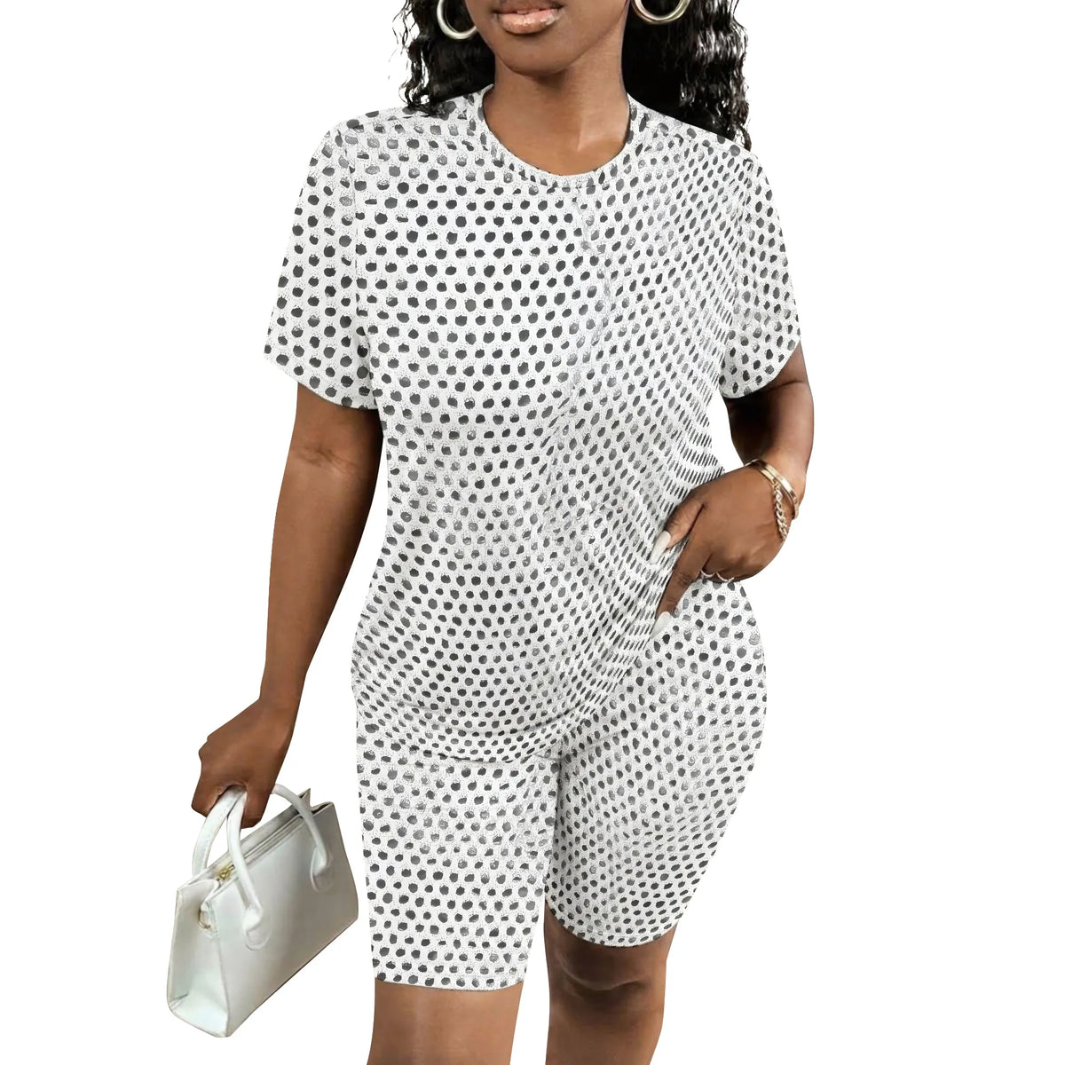 Polka Dot Short Sleeve Tee And Biker Shorts Set for Women
