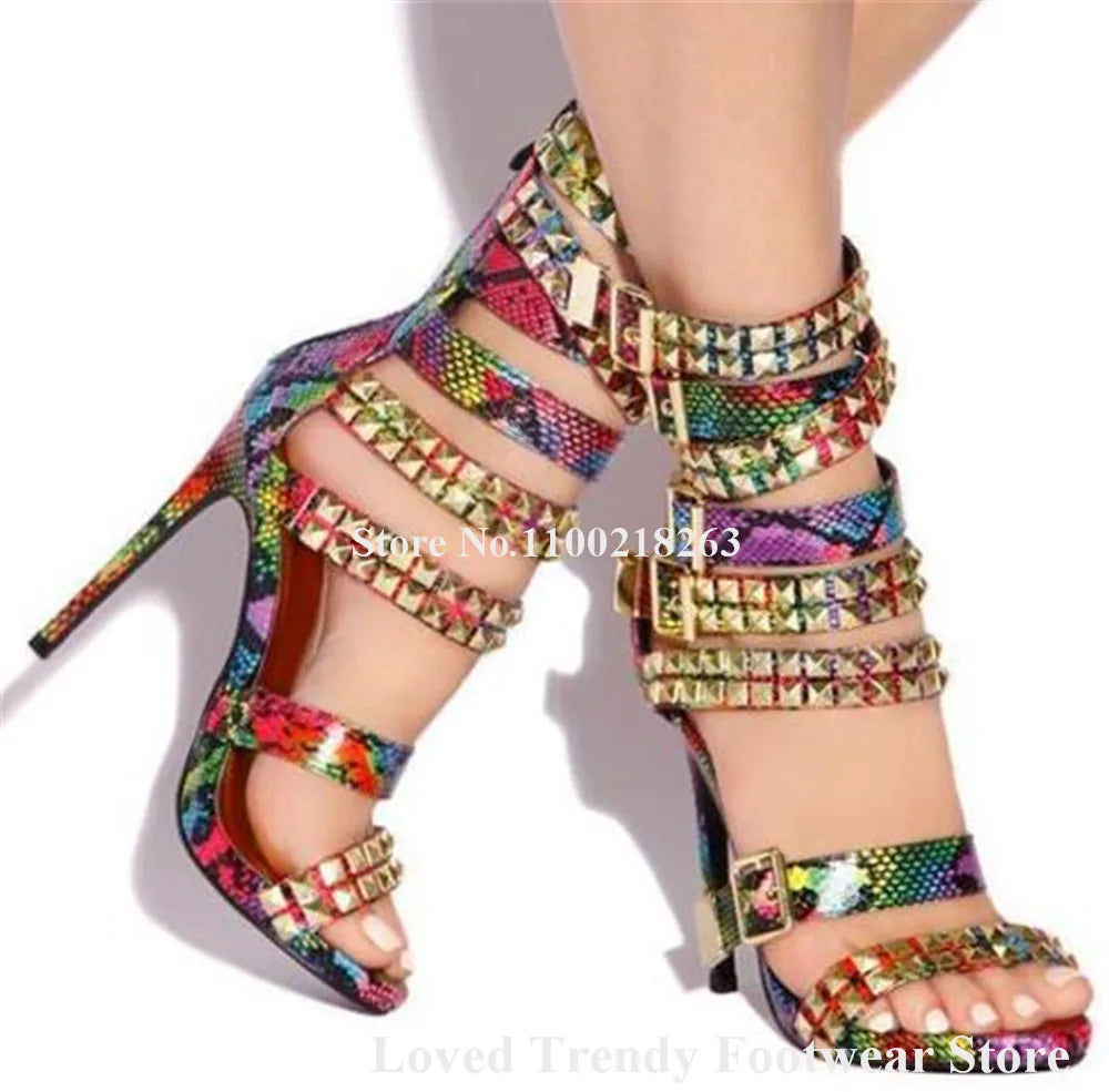 Gold Rivet Ankle Strap Stiletto Heel Sandals for Women