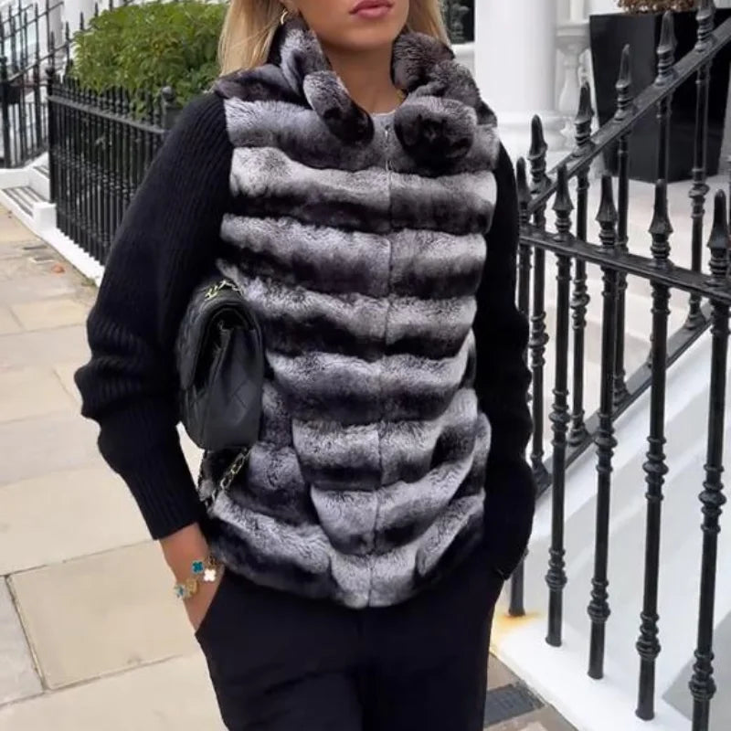 Faux Fur Patchwork Knit Coat With High Collar for Women