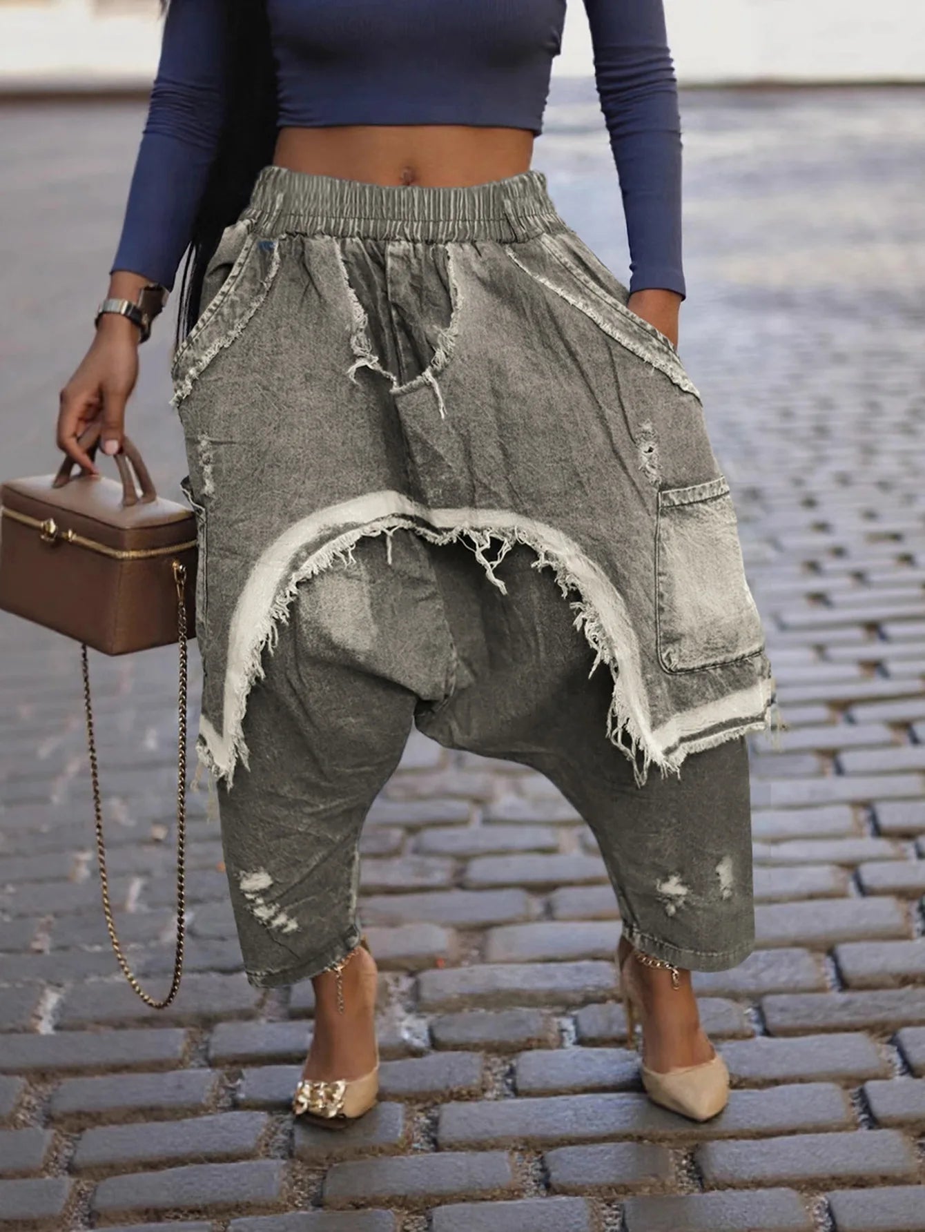 Drawstring Tie Dye Camouflage Ripped Harem Pants for Women